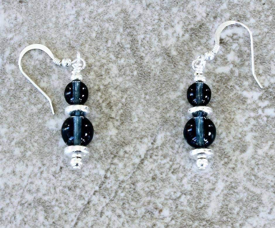 Montana Blue Czech Druk Glass Rounds with Sterling Silver Discs and Earring Wires