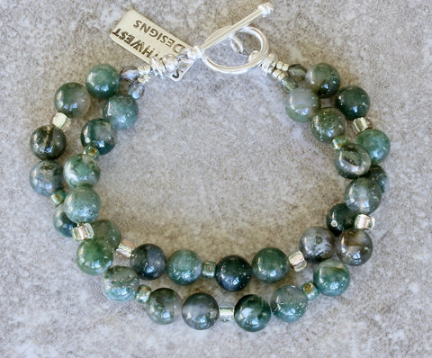 Moss Agate Rounds 2-Strand Bracelet with Fire Polished Glass and a Sterling Silver Toggle Clasp