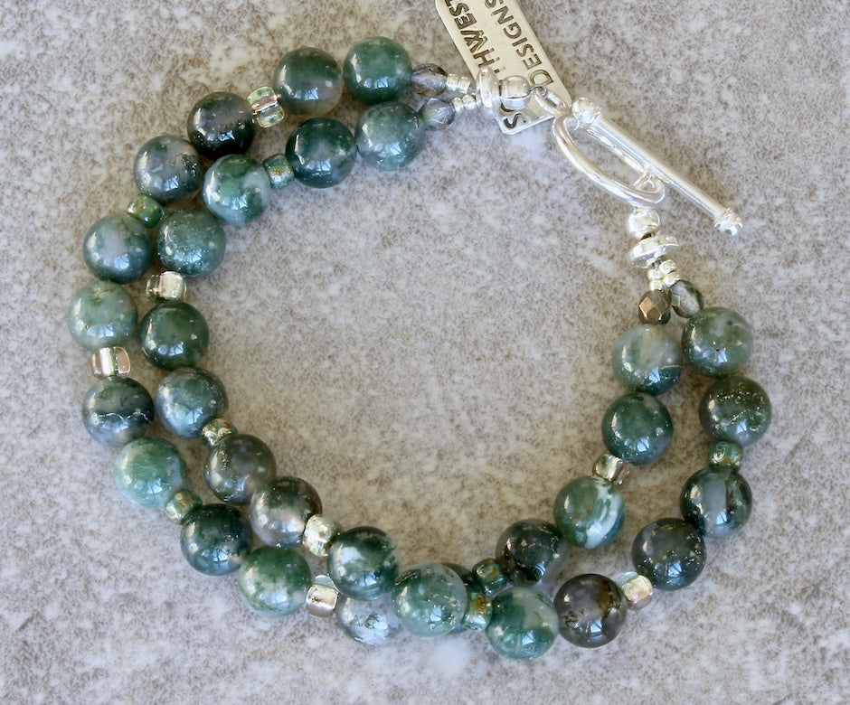 Moss Agate Rounds 2-Strand Bracelet with Fire Polished Glass and a Sterling Silver Toggle Clasp