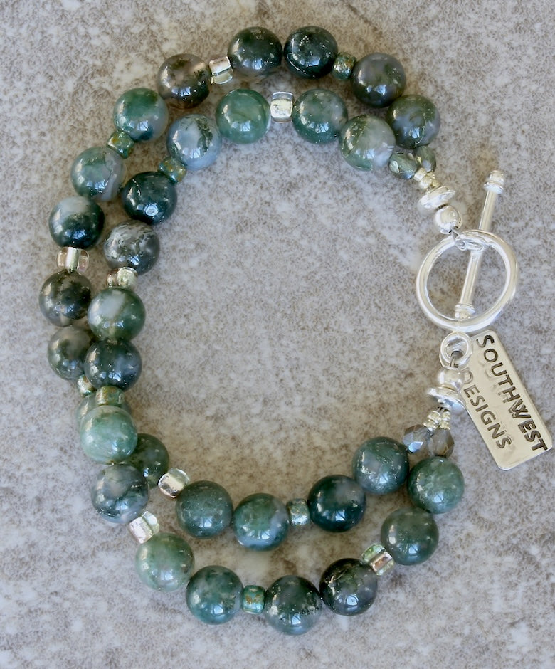 Moss Agate Rounds 2-Strand Bracelet with Fire Polished Glass and a Sterling Silver Toggle Clasp