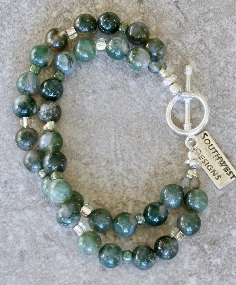 Moss Agate Rounds 2-Strand Bracelet with Fire Polished Glass and a Sterling Silver Toggle Clasp