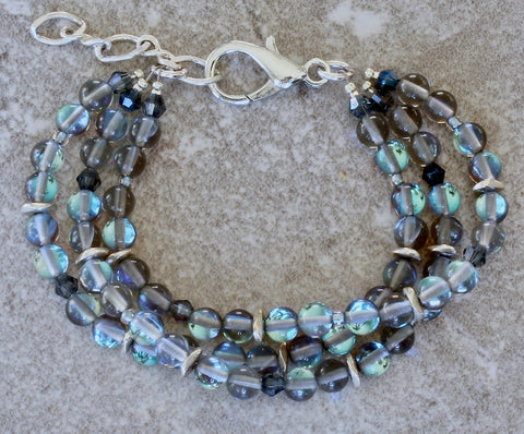 Mystic Aura Quartz Rounds 3-Strand Bracelet with Czech Glass, Silver Discs & Lobster Clasp, and a Sterling Silver Extension Chain