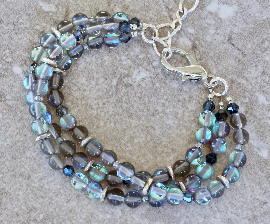 Mystic Aura Quartz Rounds 3-Strand Bracelet with Czech Glass, Silver Discs & Lobster Clasp, and a Sterling Silver Extension Chain