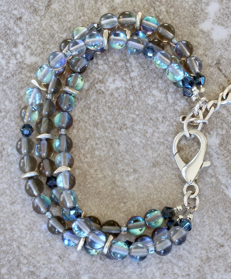 Mystic Aura Quartz Rounds 3-Strand Bracelet with Czech Glass, Silver Discs & Lobster Clasp, and a Sterling Silver Extension Chain