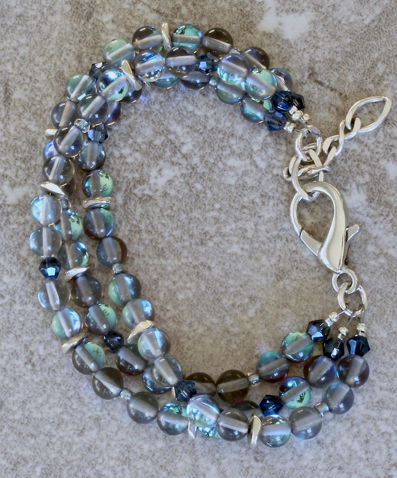 Mystic Aura Quartz Rounds 3-Strand Bracelet with Czech Glass, Silver Discs & Lobster Clasp, and a Sterling Silver Extension Chain