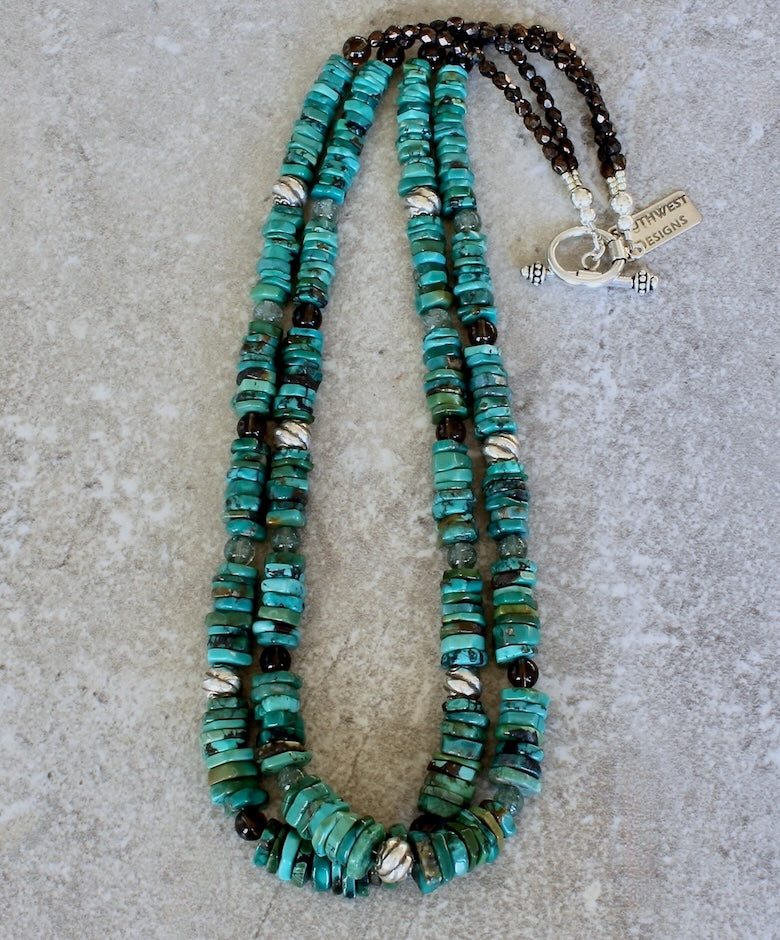 Nevada Turquoise Graduated Heishi 2-Strand Necklace with Smoky Quartz, Rutilated Quartz, Czech Glass and Sterling Silver