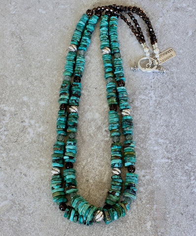 Nevada Turquoise Graduated Heishi 2-Strand Necklace with Smoky Quartz, Rutilated Quartz, Czech Glass and Sterling Silver