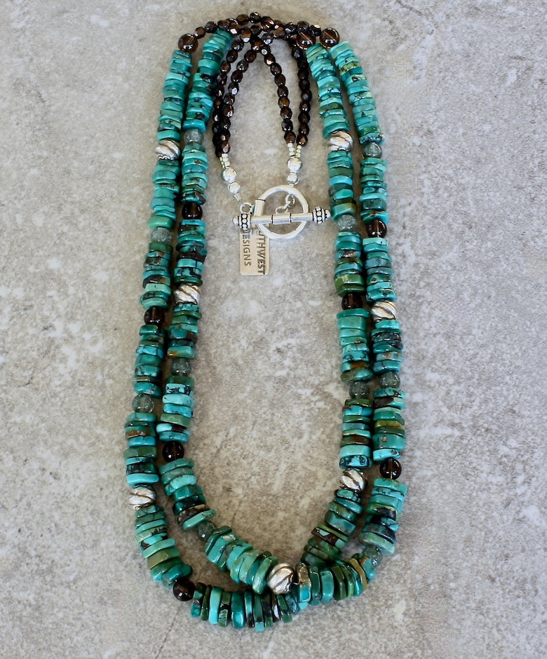Nevada Turquoise Graduated Heishi 2-Strand Necklace with Smoky Quartz, Rutilated Quartz, Czech Glass and Sterling Silver