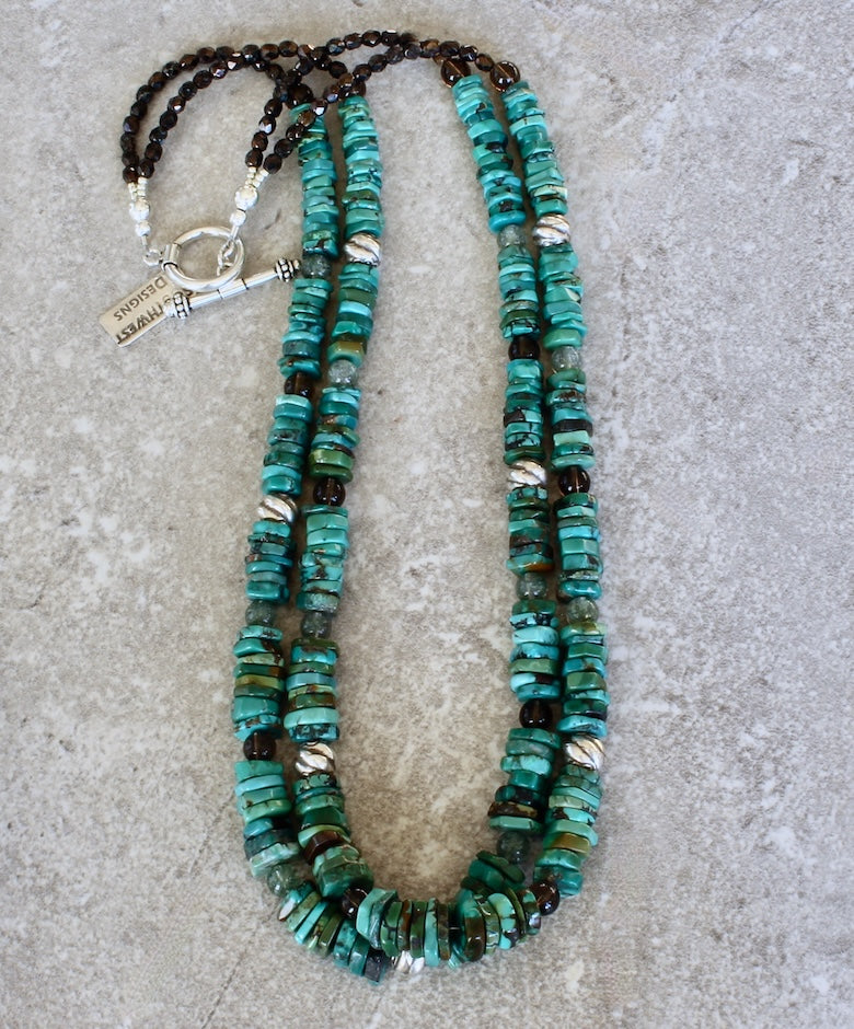 Nevada Turquoise Graduated Heishi 2-Strand Necklace with Smoky Quartz, Rutilated Quartz, Czech Glass and Sterling Silver