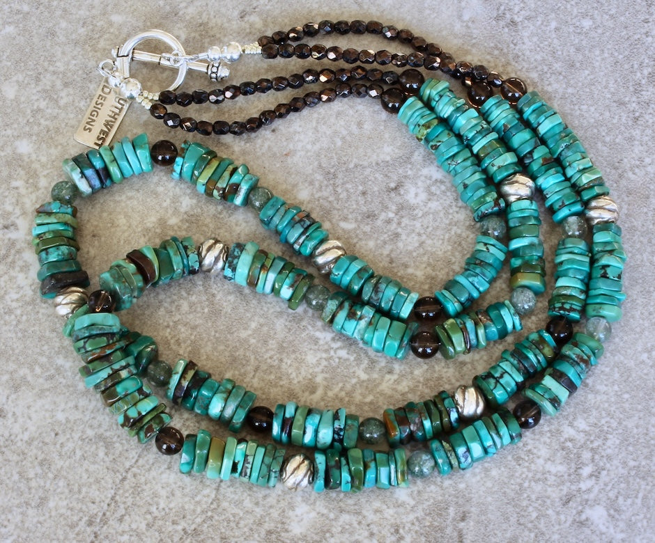 Nevada Turquoise Graduated Heishi 2-Strand Necklace with Smoky Quartz, Rutilated Quartz, Czech Glass and Sterling Silver