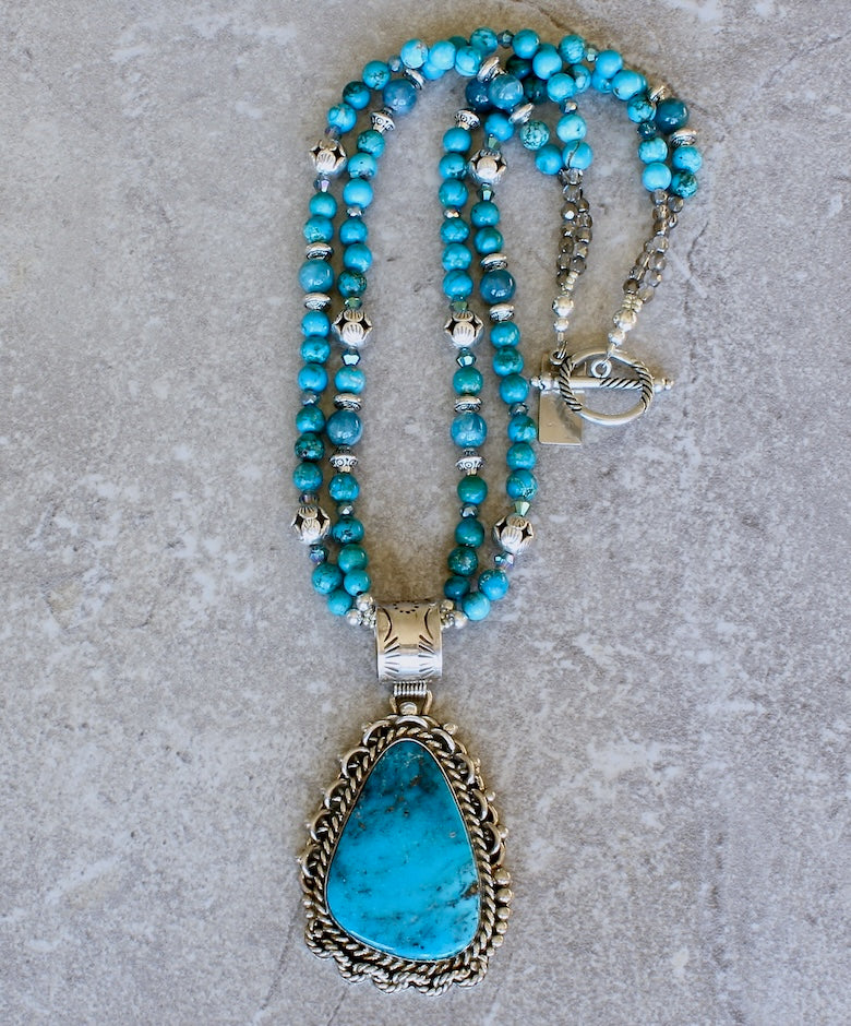 Native American Kingman Turquoise and Sterling Pendant with Turquoise, Apatite and Sterling