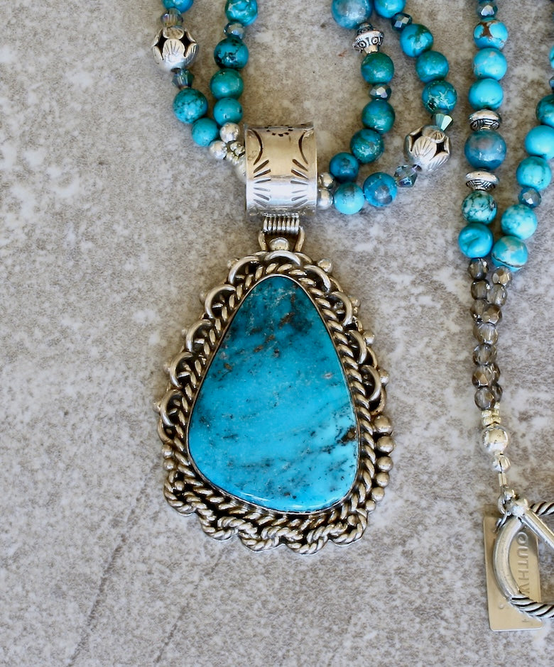 Native American Kingman Turquoise and Sterling Pendant with Turquoise, Apatite and Sterling