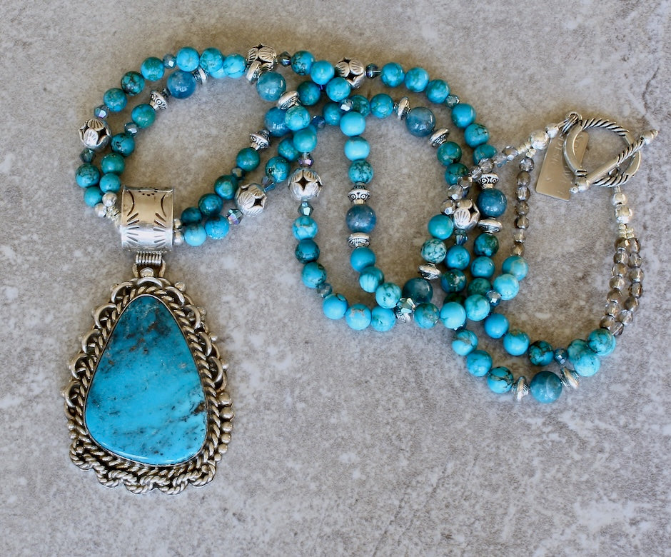 Native American Kingman Turquoise and Sterling Pendant with Turquoise, Apatite and Sterling
