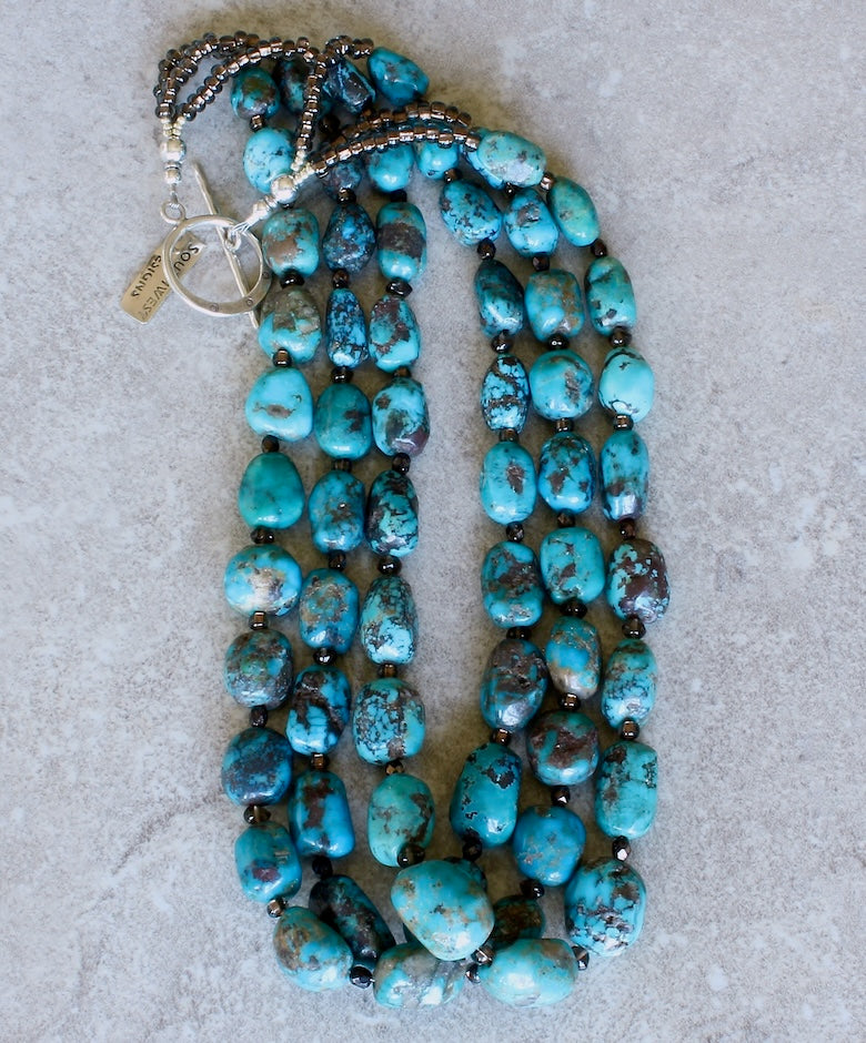 Nevada Turquoise Graduated Ovals 3-Strand Necklace with Smoky Quartz, Czech Glass and Sterling Silver