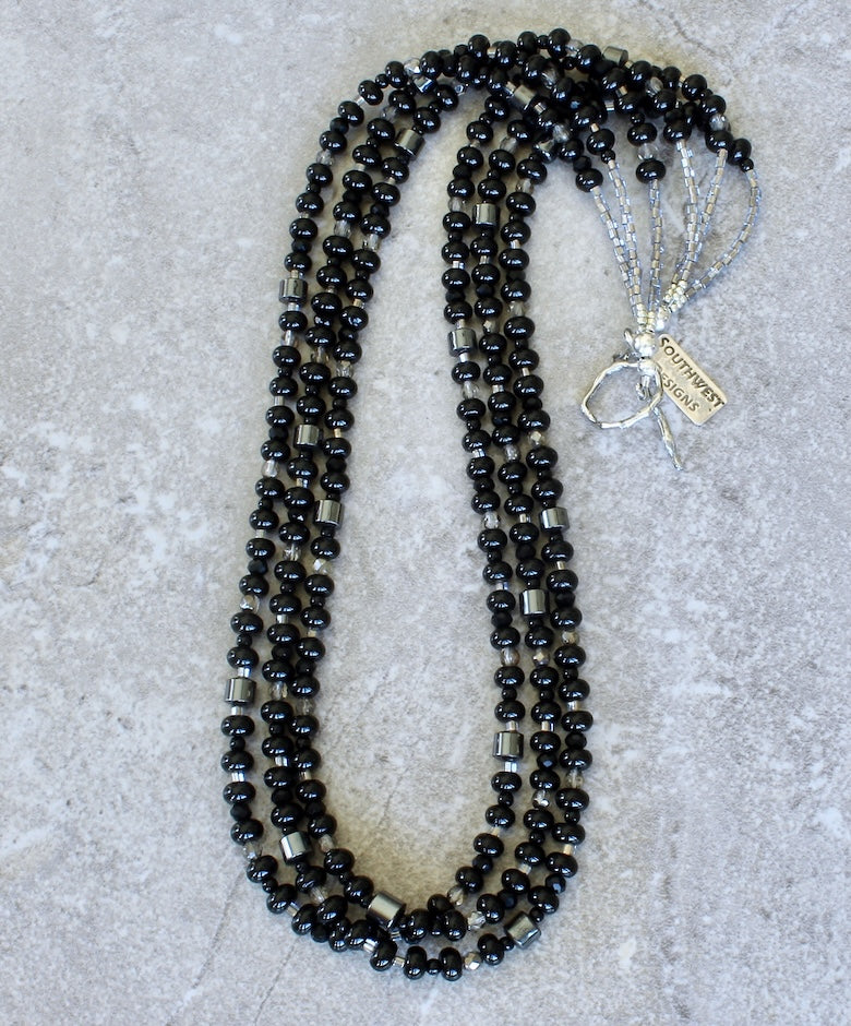 Black Onyx Rondelle Bead 3-Strand Necklace with Hematite, Czech Glass and Sterling Silver