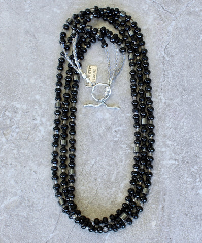 Black Onyx Rondelle Bead 3-Strand Necklace with Hematite, Czech Glass and Sterling Silver