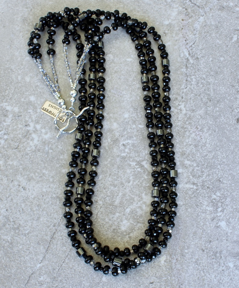Black Onyx Rondelle Bead 3-Strand Necklace with Hematite, Czech Glass and Sterling Silver