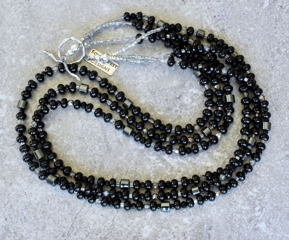 Black Onyx Rondelle Bead 3-Strand Necklace with Hematite, Czech Glass and Sterling Silver