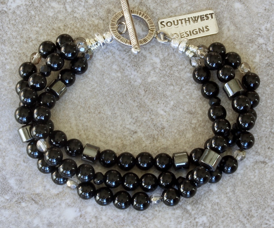 Black Onyx Rounds 3-Strand Bracelet with Fire Polished Glass, Hematite and Sterling Silver