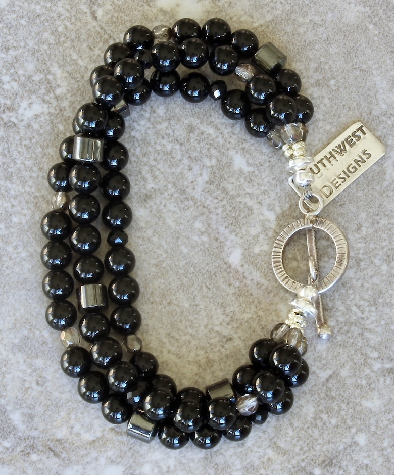 Black Onyx Rounds 3-Strand Bracelet with Fire Polished Glass, Hematite and Sterling Silver