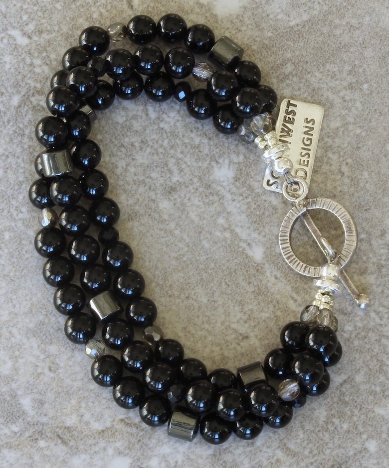 Black Onyx Rounds 3-Strand Bracelet with Fire Polished Glass, Hematite and Sterling Silver