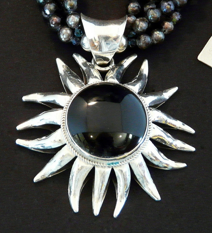 Onyx & Sterling Silver Sunflower Pendant with 4 Strands of Black Faceted Pearls, Czech Nailheads and Sterling Silver