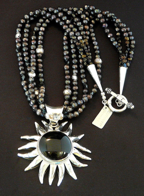 Onyx & Sterling Silver Sunflower Pendant with 4 Strands of Black Faceted Pearls, Czech Nailheads and Sterling Silver