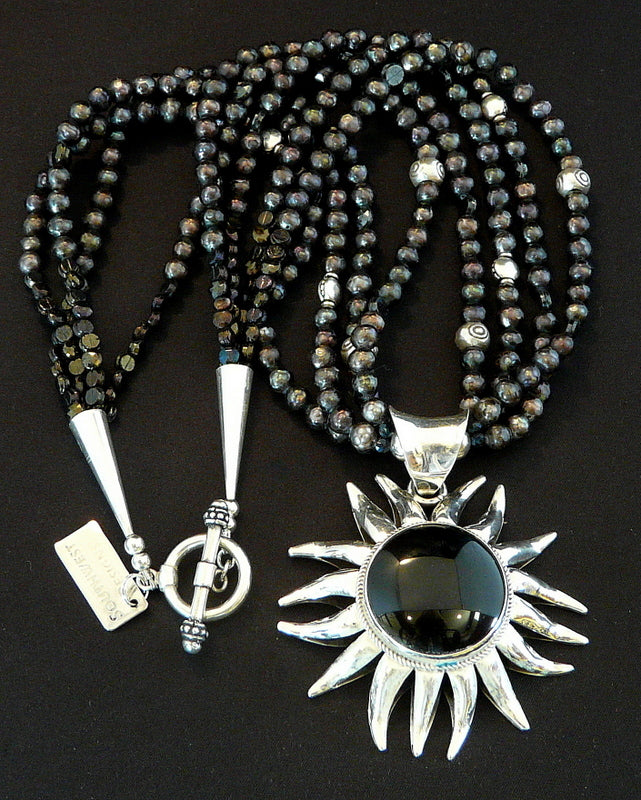 Onyx & Sterling Silver Sunflower Pendant with 4 Strands of Black Faceted Pearls, Czech Nailheads and Sterling Silver