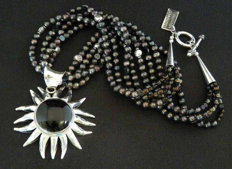 Onyx & Sterling Silver Sunflower Pendant with 4 Strands of Black Faceted Pearls, Czech Nailheads and Sterling Silver