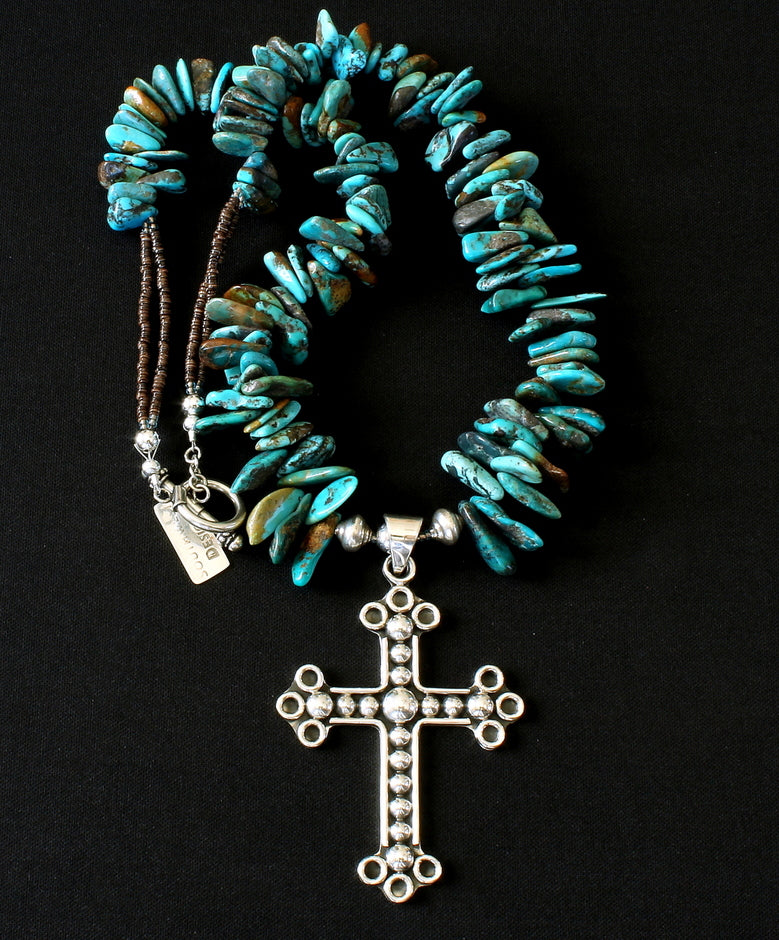 Ornate Sterling Silver Cross Pendant with Turquoise Briolette, Olive Shell Heishi, and Sterling Silver Beads & Toggle Clasp