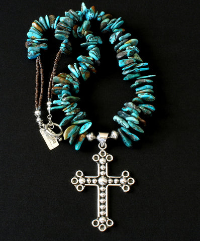 Ornate Sterling Silver Cross Pendant with Turquoise Briolette, Olive Shell Heishi, and Sterling Silver Beads & Toggle Clasp