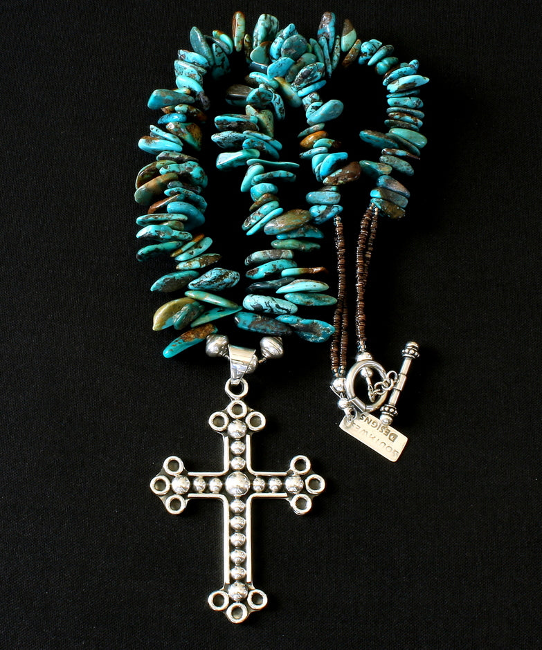 Ornate Sterling Silver Cross Pendant with Turquoise Briolette, Olive Shell Heishi, and Sterling Silver Beads & Toggle Clasp