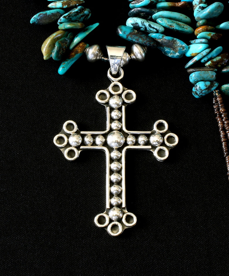 Ornate Sterling Silver Cross Pendant with Turquoise Briolette, Olive Shell Heishi, and Sterling Silver Beads & Toggle Clasp