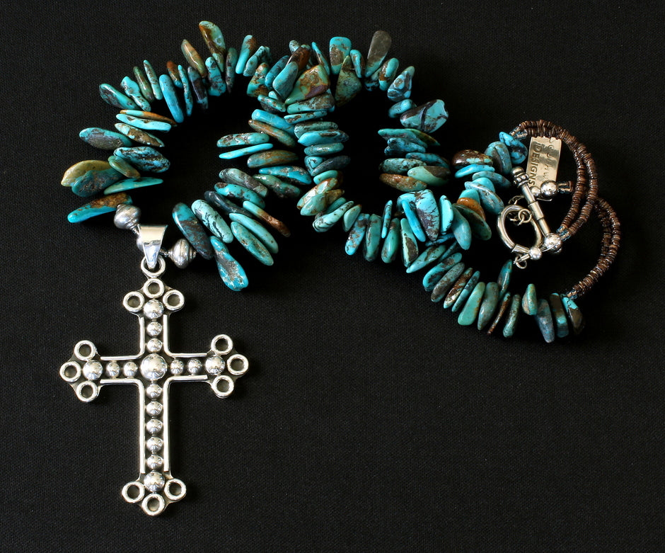 Ornate Sterling Silver Cross Pendant with Turquoise Briolette, Olive Shell Heishi, and Sterling Silver Beads & Toggle Clasp