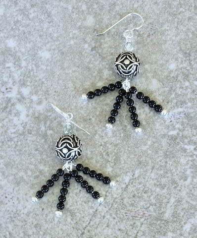 Ornate Sterling Silver Rounds Earrings with Onyx, Fire Polished Glass and Sterling Silver Earring Wires
