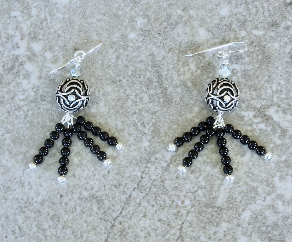 Ornate Sterling Silver Rounds Earrings with Onyx, Fire Polished Glass and Sterling Silver Earring Wires