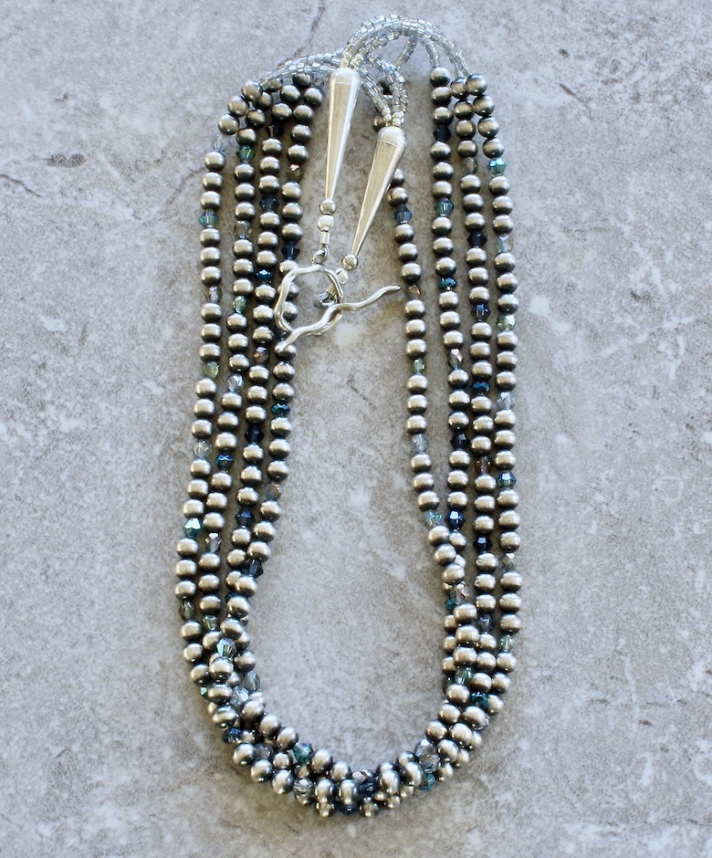Oxidized Sterling Silver Navajo Pearl 4-Strand Necklace with Czech Glass and Sterling Cones & Toggle
