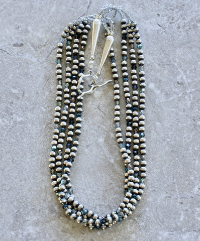Oxidized Sterling Silver Navajo Pearl 4-Strand Necklace with Czech Glass and Sterling Cones & Toggle
