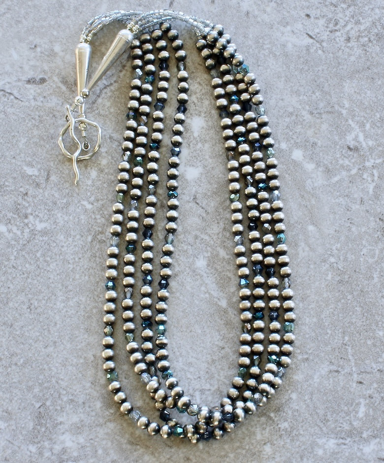 Oxidized Sterling Silver Navajo Pearl 4-Strand Necklace with Czech Glass and Sterling Cones & Toggle