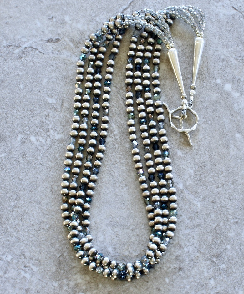 Oxidized Sterling Silver Navajo Pearl 4-Strand Necklace with Czech Glass and Sterling Cones & Toggle