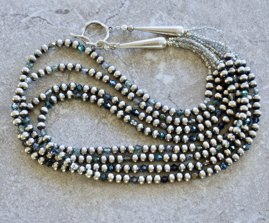 Oxidized Sterling Silver Navajo Pearl 4-Strand Necklace with Czech Glass and Sterling Cones & Toggle