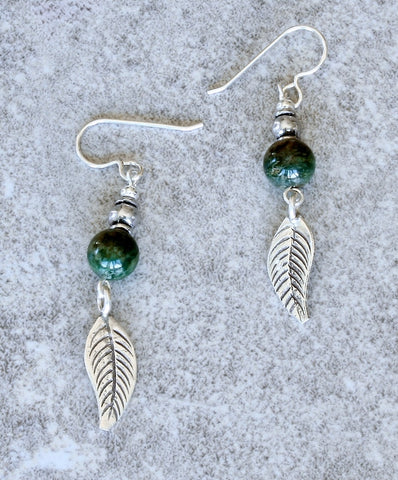 Peruvian Jade Rounds and Sterling Silver Earrings with Sterling Leaf Charms