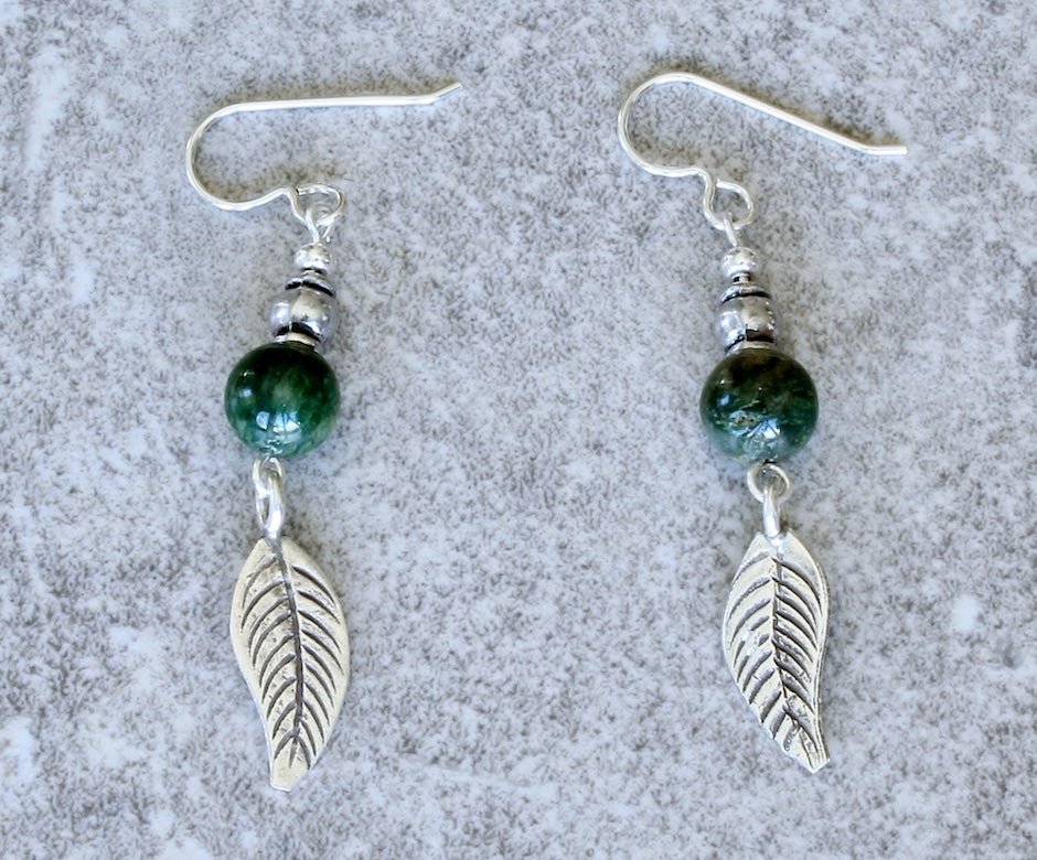 Peruvian Jade Rounds and Sterling Silver Earrings with Sterling Leaf Charms