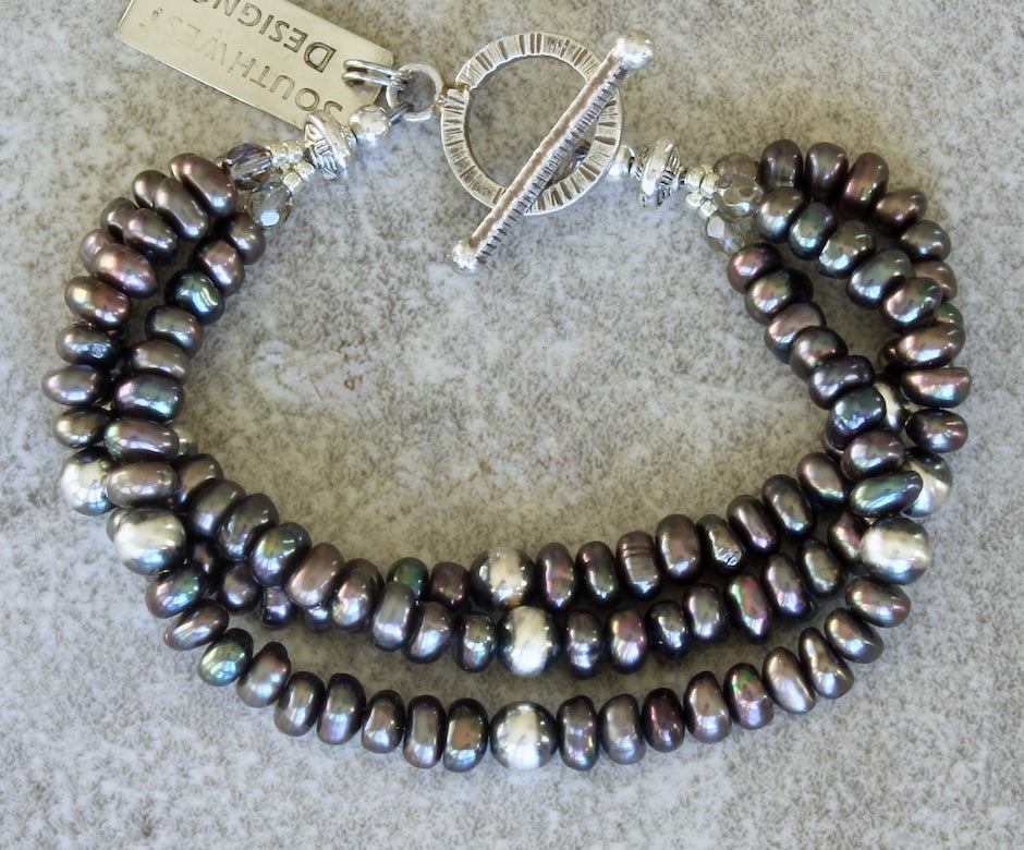 Pewter-Black Pearl 3-Strand Bracelet with Oxidized Sterling Silver Rounds and a Sterling Silver Toggle Clasp