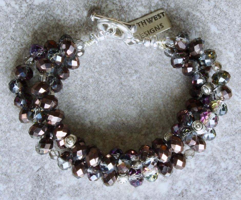 Pewter Faceted Glass Rondelle Bead 3-Strand Bracelet with Fire Polished Glass and Sterling Silver