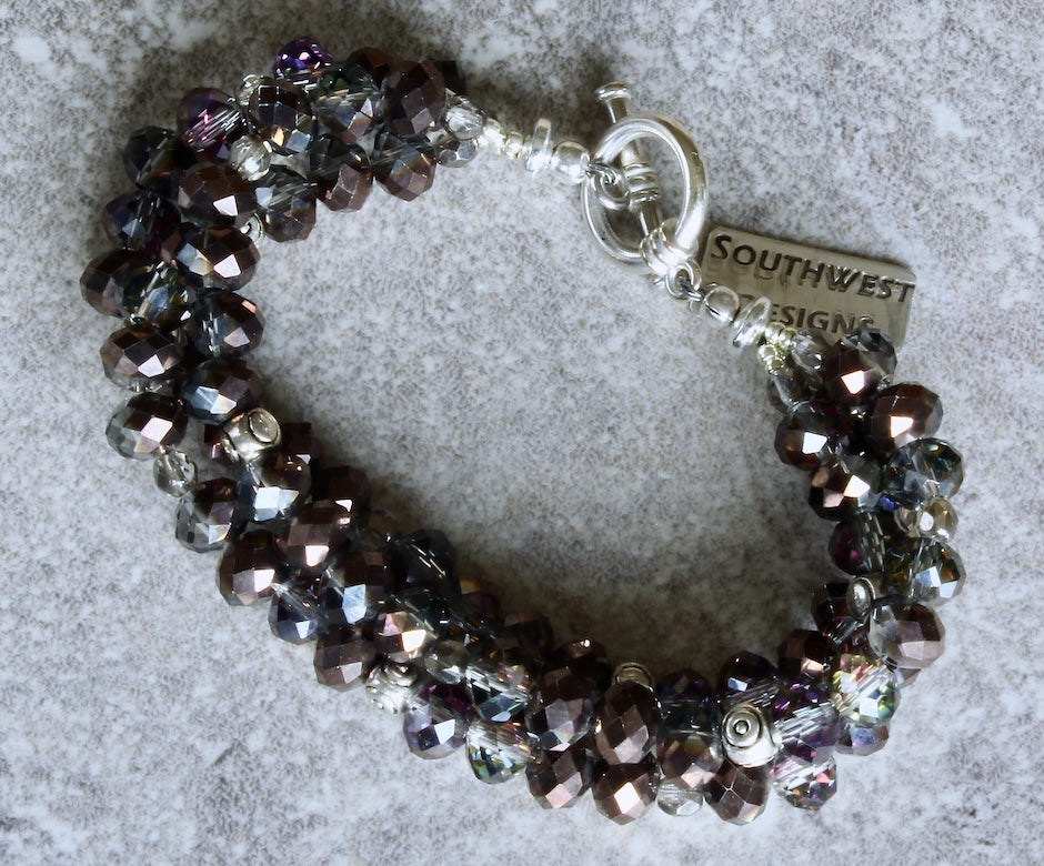 Pewter Faceted Glass Rondelle Bead 3-Strand Bracelet with Fire Polished Glass and Sterling Silver