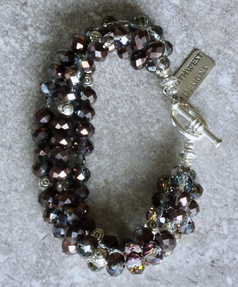 Pewter Faceted Glass Rondelle Bead 3-Strand Bracelet with Fire Polished Glass and Sterling Silver