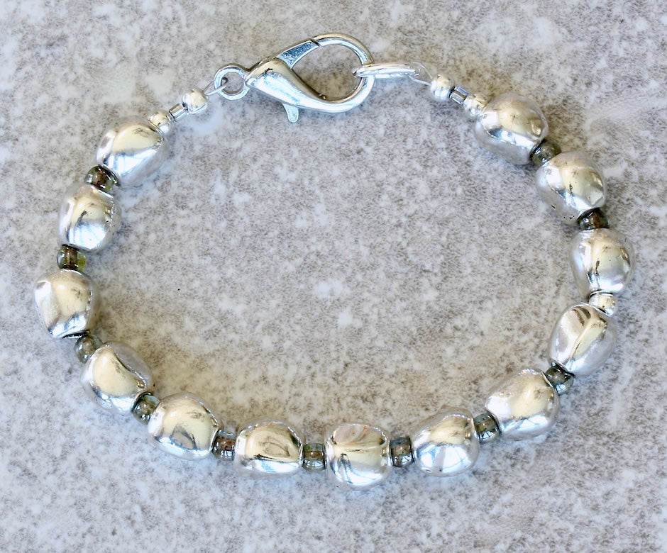 Pewter Near Rounds 13-Bead Bracelet with Czech Druk Glass and a Silver Lobster Clasp