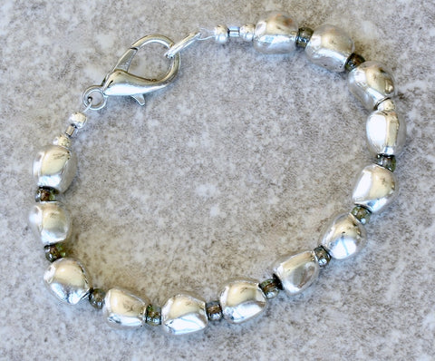 Pewter Near Rounds 13-Bead Bracelet with Czech Druk Glass and a Silver Lobster Clasp