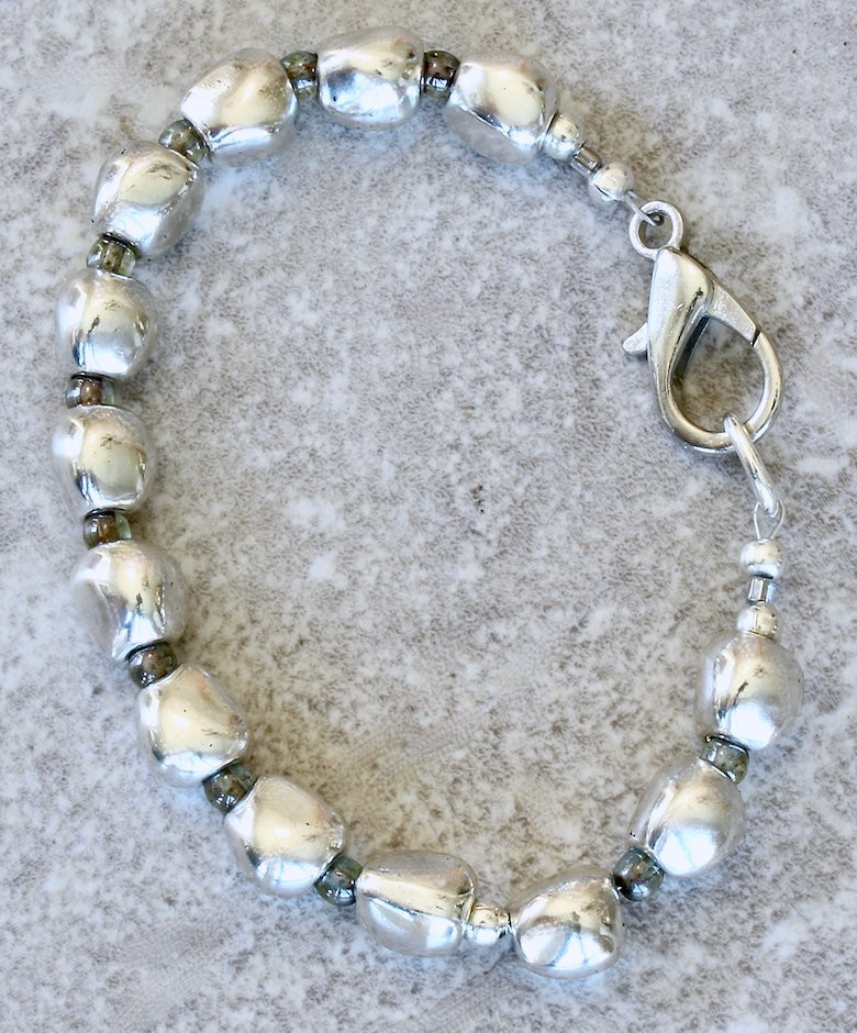 Pewter Near Rounds 13-Bead Bracelet with Czech Druk Glass and a Silver Lobster Clasp